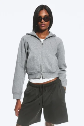 Kapuzenpullover mit Raglanärmeln, Cutline-Schnitt und Reißverschluss – Grau meliert Kapuzenpullover mit Raglanärmeln, Cutline-Schnitt und Reißverschluss – Grau meliert