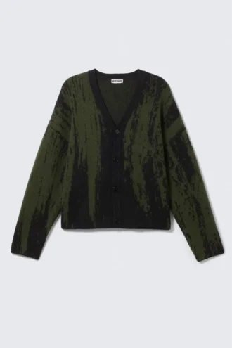 Kastenförmige Strickjacke mit Print – Schwarz/Dunkelkhaki