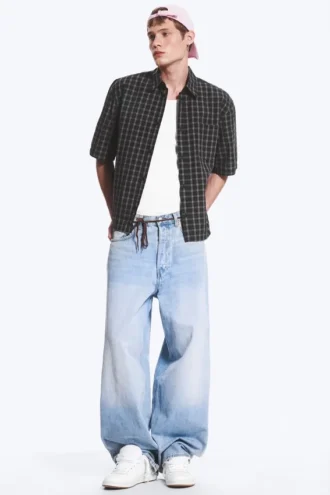 Kastenförmiges Baumwollhemd mit kurzen Shorts – kariert, schwarz