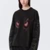 Kastenförmiges bedrucktes Langarmshirt – Washed Black – Dragon Gaze