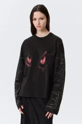Kastenförmiges bedrucktes Langarmshirt – Washed Black – Dragon Gaze