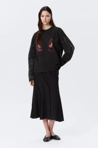 Kastenförmiges bedrucktes Langarmshirt – Washed Black – Dragon Gaze