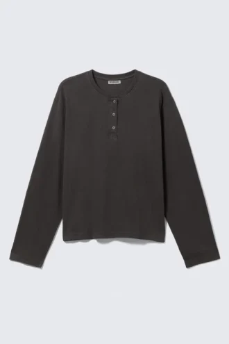 Kastenförmiges Henley-T-Shirt mit langen Ärmeln – Dunkelgrau