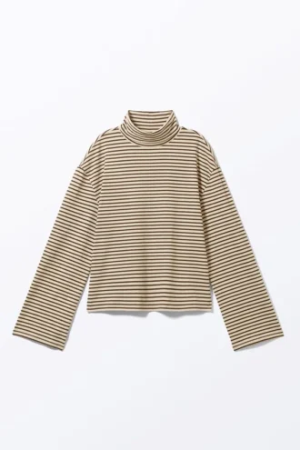 Kastenförmiges Langarmshirt mit Rollkragen – beige- und dunkelbraune Streifen