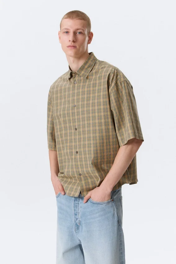 Kastiges Kurzarm-Hemd – kariert, beige Kastiges Kurzarm-Hemd – kariert, beige