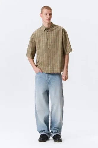 Kastiges Kurzarm-Hemd – kariert, beige