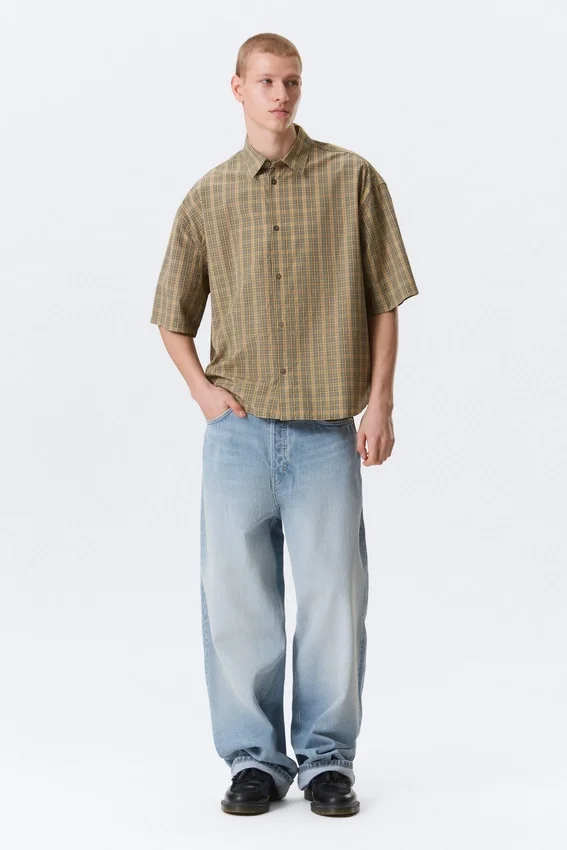 Kastiges Kurzarm-Hemd – kariert, beige Kastiges Kurzarm-Hemd – kariert, beige