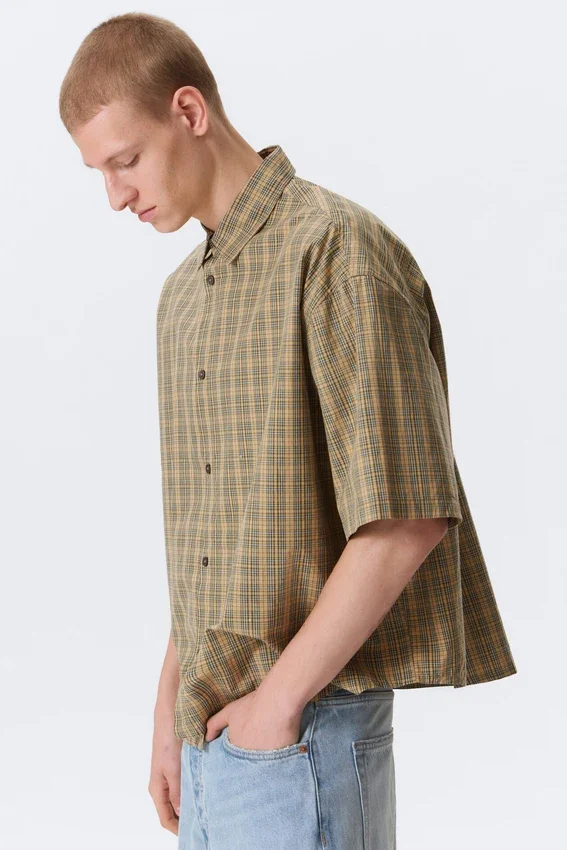 Kastiges Kurzarm-Hemd – kariert, beige Kastiges Kurzarm-Hemd – kariert, beige