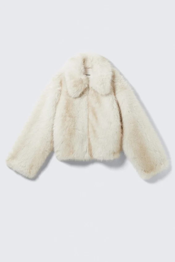 Kunstfell-Reißverschlussjacke – Off-White Kunstfell-Reißverschlussjacke – Off-White