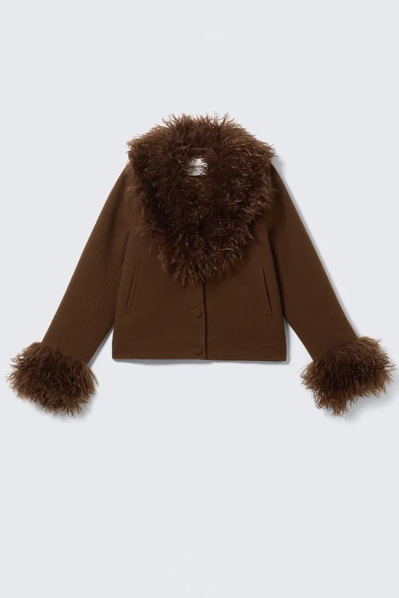 Kurze Jacke mit Kunstfellbesatz – Dunkelbraun Kurze Jacke mit Kunstfellbesatz – Dunkelbraun