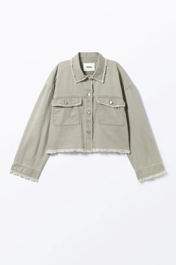 Kurze, kastenförmige Twill-Jacke – Khaki-Grün Kurze, kastenförmige Twill-Jacke – Khaki-Grün