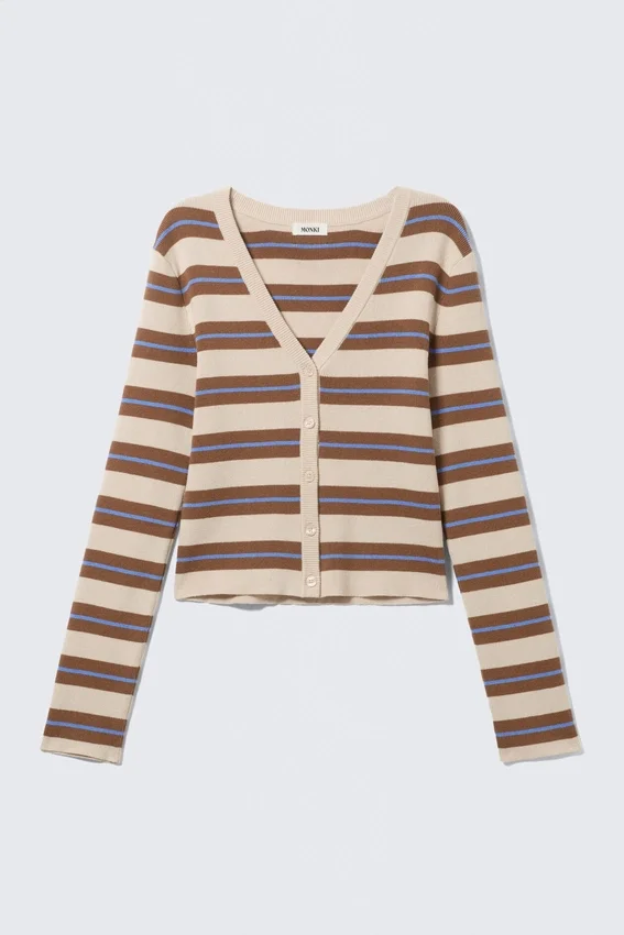 Kurze Strickjacke mit V-Ausschnitt – gestreift, braun Kurze Strickjacke mit V-Ausschnitt – gestreift, braun