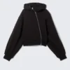 Kurzer asymmetrischer Kapuzenpullover mit Reißverschluss – Schwarz Kurzer asymmetrischer Kapuzenpullover mit Reißverschluss – Schwarz