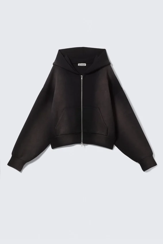 Kurzer, gewaschener Scuba-Kapuzenpullover mit Reißverschluss – Black Spray Wash Kurzer, gewaschener Scuba-Kapuzenpullover mit Reißverschluss – Black Spray Wash