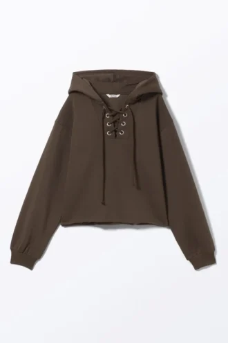 Kurzer Kapuzenpullover mit Schnürung – Dunkelbraun Kurzer Kapuzenpullover mit Schnürung – Dunkelbraun