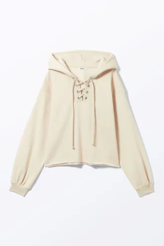 Kurzer Kapuzenpullover mit Schnürung – Hellbeige Kurzer Kapuzenpullover mit Schnürung – Hellbeige