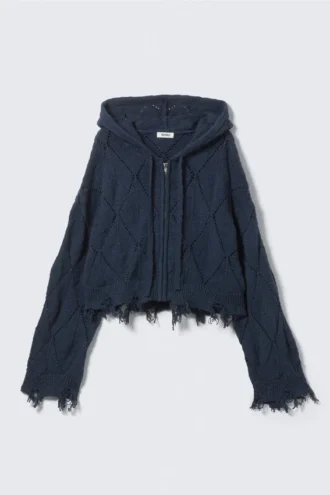 Kurzer Pointelle-Strick-Kapuzenpullover mit Reißverschluss – Dunkelblau Kurzer Pointelle-Strick-Kapuzenpullover mit Reißverschluss – Dunkelblau