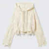 Kurzer Pointelle-Strick-Kapuzenpullover mit Reißverschluss – Off-White Kurzer Pointelle-Strick-Kapuzenpullover mit Reißverschluss – Off-White