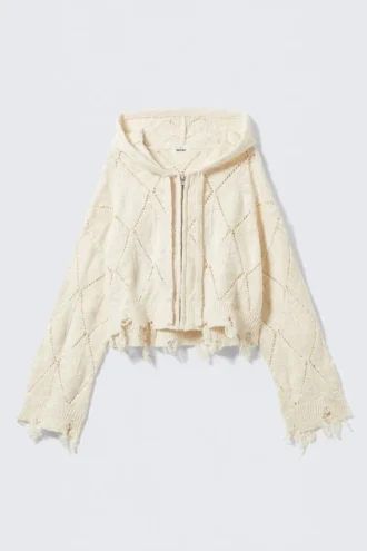 Kurzer Pointelle-Strick-Kapuzenpullover mit Reißverschluss – Off-White Kurzer Pointelle-Strick-Kapuzenpullover mit Reißverschluss – Off-White