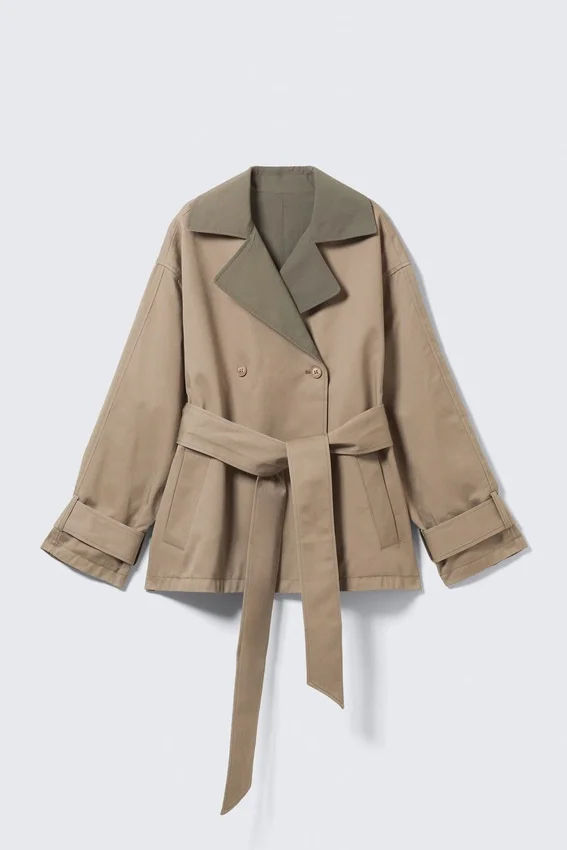 Kurzer, wendbarer Trenchcoat mit doppelter Knopfleiste – Beige & Khaki-Grün Kurzer, wendbarer Trenchcoat mit doppelter Knopfleiste – Beige & Khaki-Grün