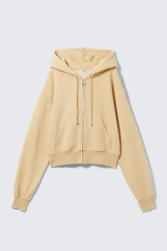 Kurzer Zip-Kapuzenpullover – gewaschen, hellbeige Kurzer Zip-Kapuzenpullover – gewaschen, hellbeige