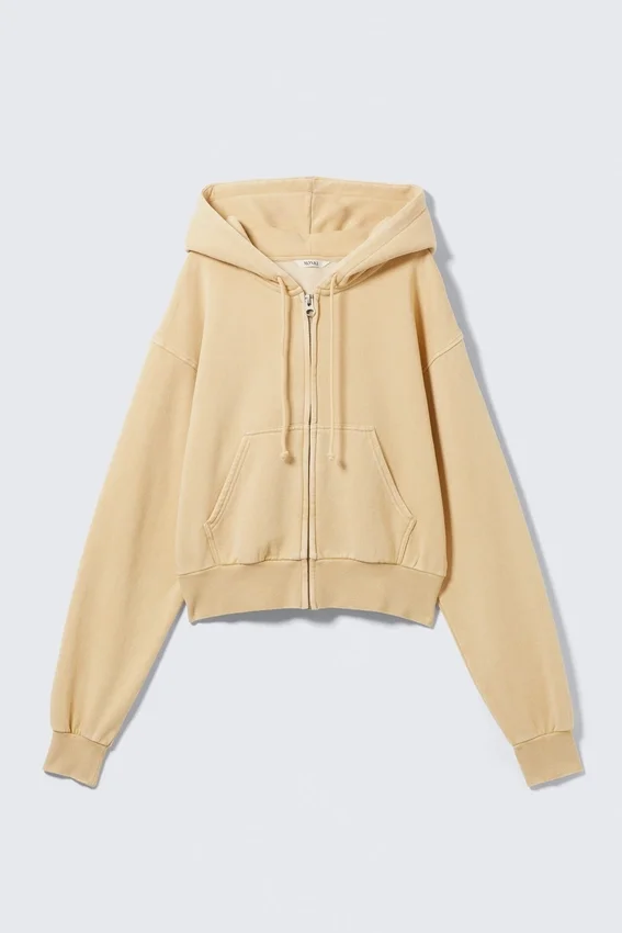 Kurzer Zip-Kapuzenpullover – gewaschen, hellbeige Kurzer Zip-Kapuzenpullover – gewaschen, hellbeige