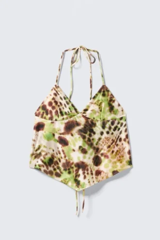 Kurzes bedrucktes Neckholder-Top – braune und grüne Blumenpunkte