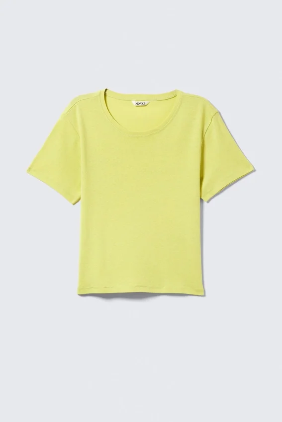 Kurzes bedrucktes T-Shirt aus gerippter Baumwolle – Hellgelb Kurzes bedrucktes T-Shirt aus gerippter Baumwolle – Hellgelb
