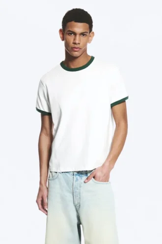 Kurzärmeliges Baumwoll-T-Shirt mit Kontrastbesatz – Weiß – Grüner Saum