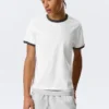 Kurzärmeliges Baumwoll-T-Shirt mit Kontrastbesatz – Weiß – Schwarzer Saum