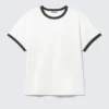 Kurzärmeliges Baumwoll-T-Shirt mit Kontrastbesatz – Weiß – Schwarzer Saum