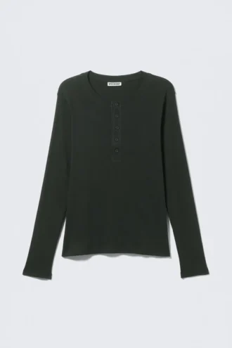 Langarm-Henley-T-Shirt – Dunkelgrün