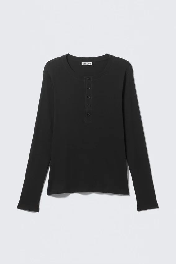 Langarm-Henley-T-Shirt – Schwarz Langarm-Henley-T-Shirt – Schwarz