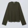 Langarm-Kastenförmiges Baumwoll-T-Shirt – Dunkelkhaki Langarm-Kastenförmiges Baumwoll-T-Shirt – Dunkelkhaki