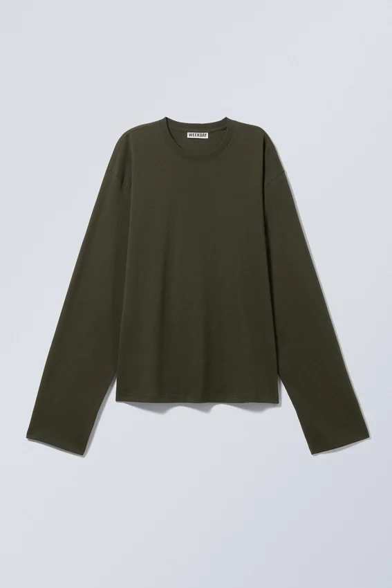 Langarm-Kastenförmiges Baumwoll-T-Shirt – Dunkelkhaki Langarm-Kastenförmiges Baumwoll-T-Shirt – Dunkelkhaki