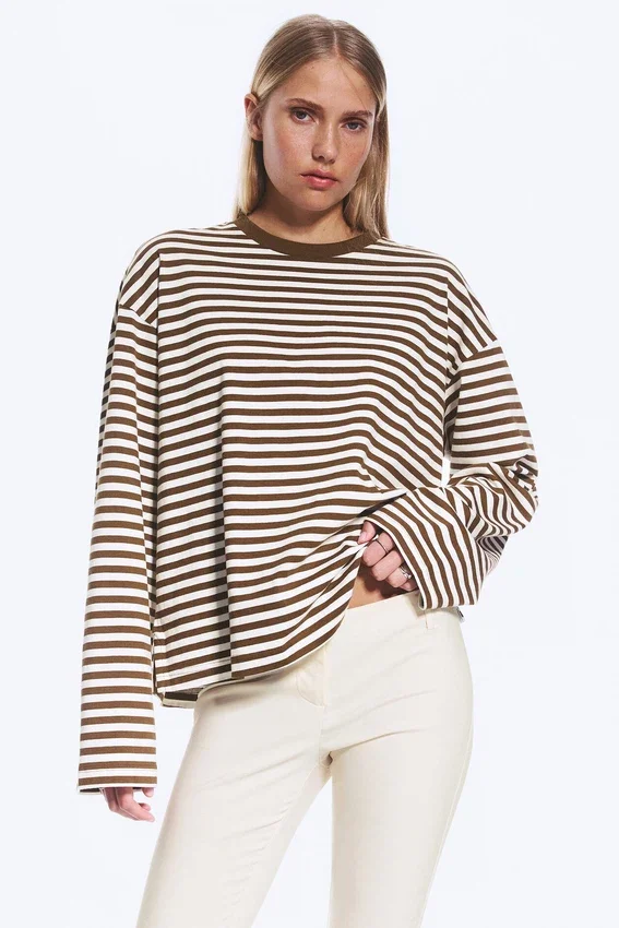 Langarmshirt aus Baumwolle – Braun-weiße Streifen Langarmshirt aus Baumwolle – Braun-weiße Streifen