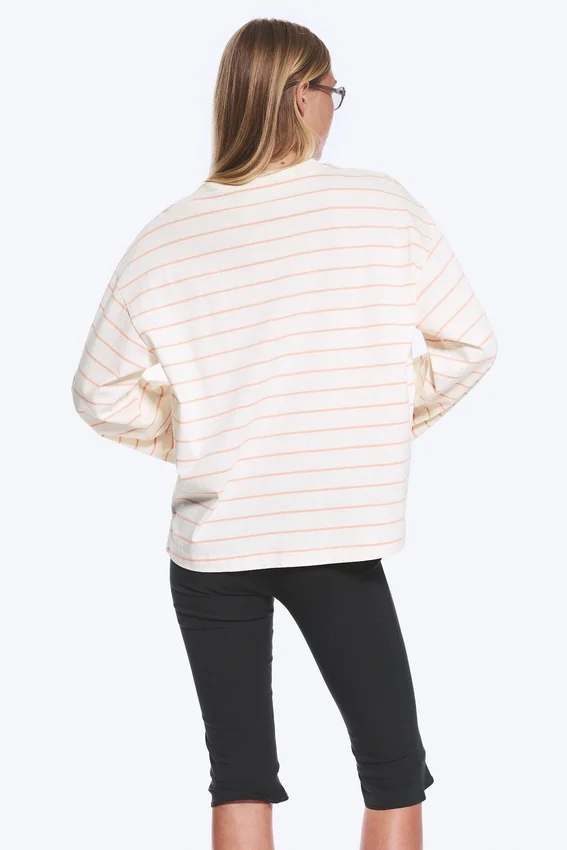 Langarmshirt aus Baumwolle – Hellbeige – Orangefarbene Streifen Langarmshirt aus Baumwolle – Hellbeige – Orangefarbene Streifen