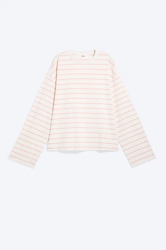 Langarmshirt aus Baumwolle – Hellbeige – Orangefarbene Streifen Langarmshirt aus Baumwolle – Hellbeige – Orangefarbene Streifen