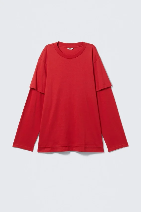 Langarmshirt aus Baumwolle im Lagenlook – Leuchtend rot Langarmshirt aus Baumwolle im Lagenlook – Leuchtend rot