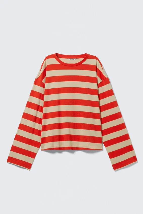 Langarmshirt aus Baumwolle – Leuchtend rote & beige Streifen Langarmshirt aus Baumwolle – Leuchtend rote & beige Streifen