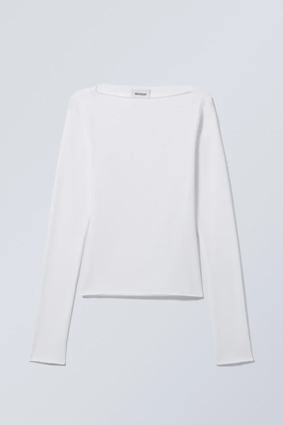 Langarmshirt aus Baumwolle mit U-Boot-Ausschnitt – Weiß Langarmshirt aus Baumwolle mit U-Boot-Ausschnitt – Weiß