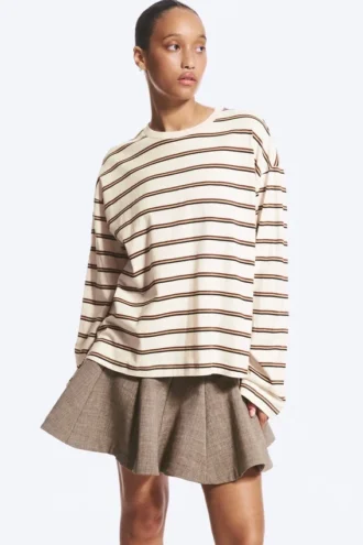 Langarmshirt aus Baumwolle – Staubweiß – Braune Streifen
