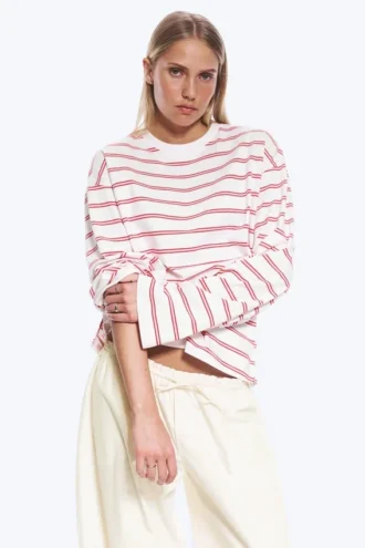 Langarmshirt aus Baumwolle – Weiß – Rosa/rote Streifen