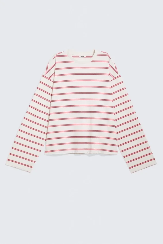 Langarmshirt aus Baumwolle – Weiß – Rosa/rote Streifen Langarmshirt aus Baumwolle – Weiß – Rosa/rote Streifen