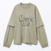 Langarmshirt, doppellagiges Oversize-T-Shirt – Hellkhaki – Cosmic Echo
