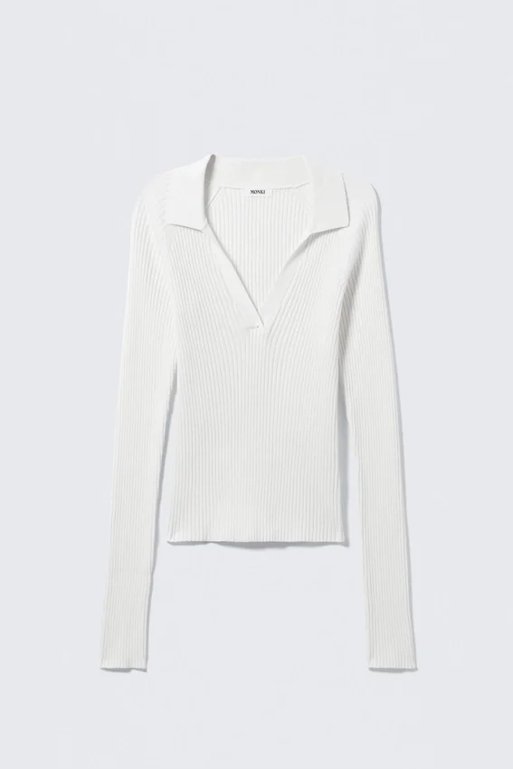 Langarmshirt mit geripptem Strick-Ausschnitt – Weiß Langarmshirt mit geripptem Strick-Ausschnitt – Weiß