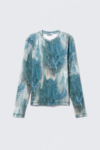 Langarmshirt mit Rippstrick – Grau & Blau mit Drachenprint
