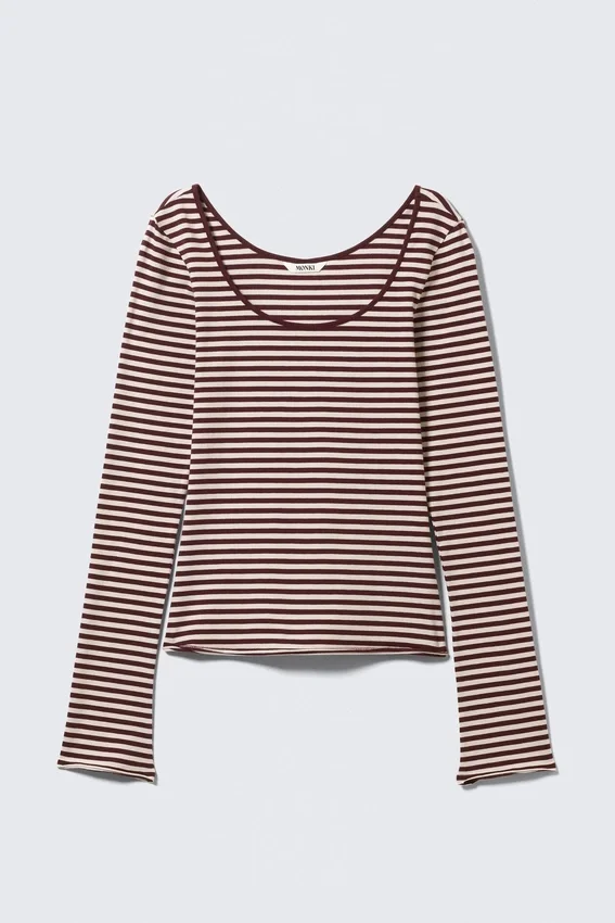 Langarmshirt mit schmalem Schnitt und U-Ausschnitt – rosa- und burgunderrote Streifen Langarmshirt mit schmalem Schnitt und U-Ausschnitt – rosa- und burgunderrote Streifen