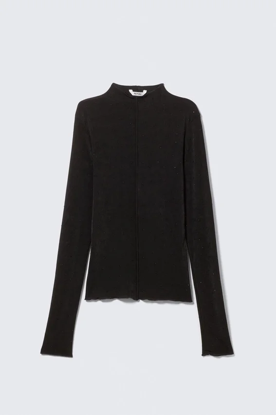 Langarmshirt mit Stehkragen und Strasssteinen – Schwarz – Strasssteine Langarmshirt mit Stehkragen und Strasssteinen – Schwarz – Strasssteine