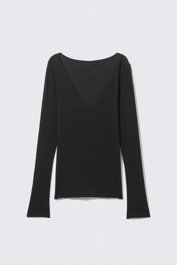 Langarmshirt mit tiefem V-Ausschnitt – Schwarz Langarmshirt mit tiefem V-Ausschnitt – Schwarz